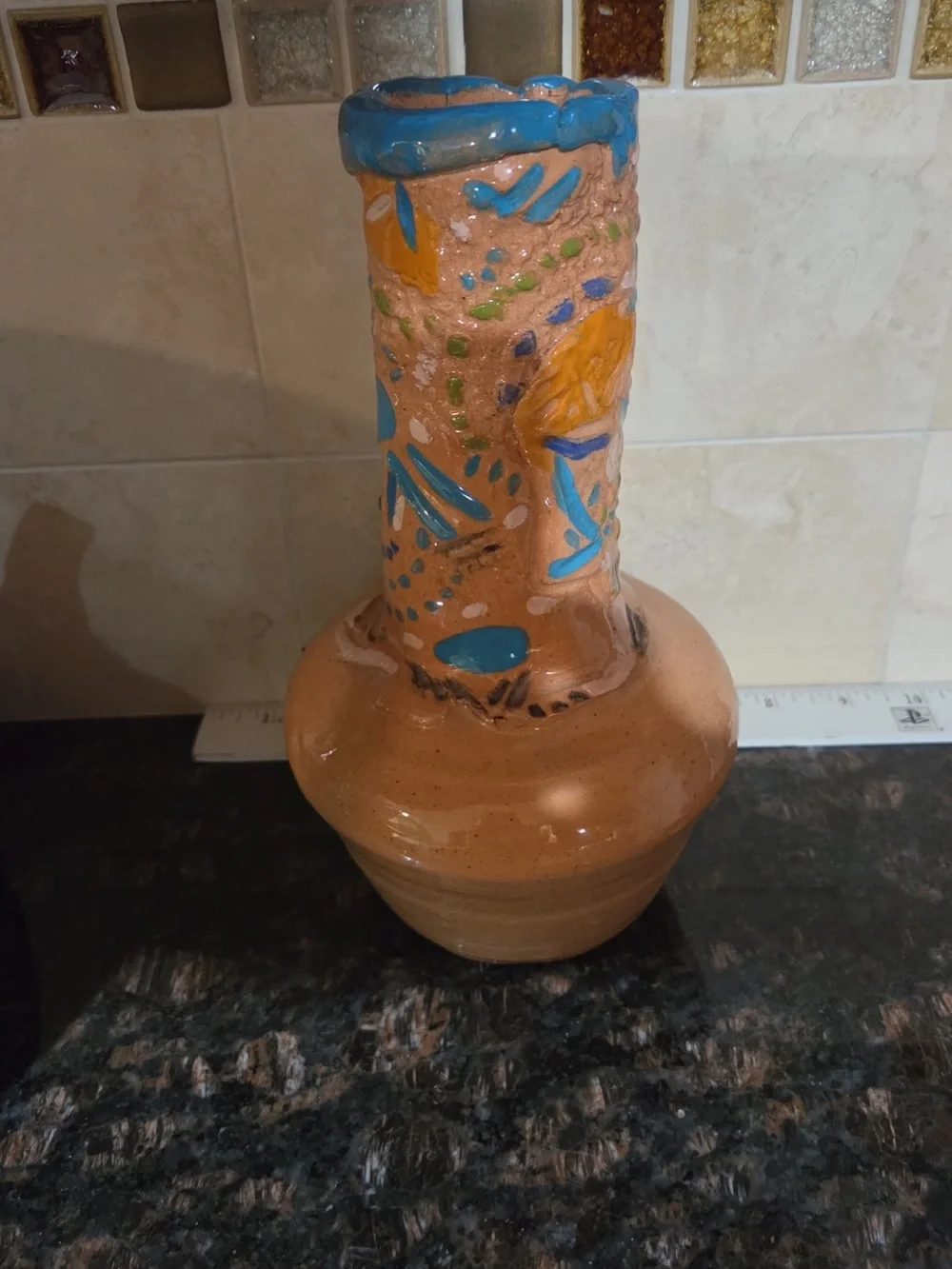 Handcrafted Ceramic Vase in Brown with Blue Accents